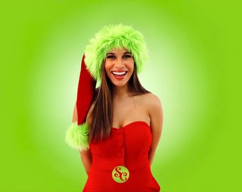 Luksusowa, czerwona aksamitna czapka Mikołaja inspirowana Grinchem, z futrem Husky, świąteczna, autentyczna, długość 35 cali! Rozmiary XS–XXL