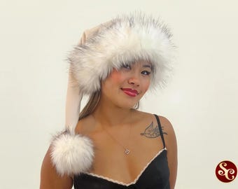 Czapka Mikołaja w kolorze kremowo-białej śmietanki z mrożonymi piankami, świąteczna, rozmiary od S do XXL, luksusowa, miękka jak masło aksamitna z futrem syberyjskiego husky