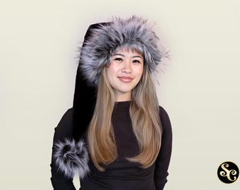 The Coal Couture Silver Fox Black Plush Santa Hat, Christmas, XS - XXL Sizes