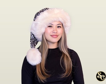 Czapka Mikołaja Leopard Couture, świąteczna, rozmiary XS–XXL, luksusowa, z miękkiego aksamitu z kremowym sztucznym futrem z lisa polarnego