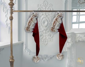 Czapka Mikołaja w kolorze wiśniowo-bordowym, bordowo-czerwonym, świąteczna, długość 35 cali! Rozmiary od S do XXL, luksusowa, miękka, ciemnoczerwona aksamitna z dodatkiem sztucznego futra w kolorze husky tan.