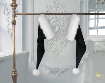 Czapka Mikołaja z filmu „Miasteczko Halloween”, autentyczna i klasyczna, długość 35 cali! Rozmiary od S do XXL, luksusowa, miękka, czarna aksamitna z białym sztucznym futerkiem niedźwiedzia polarnego