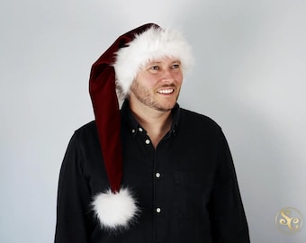 Czapka Mikołaja w kolorze wiśniowo-bordowym, bordowo-wino, świąteczna, długość 35 cali! Rozmiary od S do XXL, luksusowa, z miękkiego, ciemnoczerwonego aksamitu z białym sztucznym futerkiem niedźwiedzia polarnego