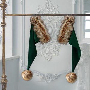 Elf Santa Hat, Christmas, Authentic & Traditional, 35" Long! S - XXL Sizes, Classic, Luxury, Soft Green Velvet with Husky Brown Faux Fur