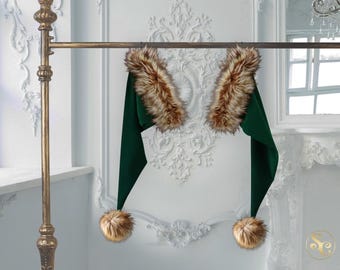 Czapka Świętego Mikołaja Elfa, świąteczna, autentyczna i tradycyjna, 35 cali długości! Rozmiary od S do XXL, klasyczna, luksusowa, miękka, zielona aksamitna z brązowym sztucznym futerkiem Husky