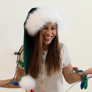 Elf Santa Hat, Christmas, Authentic, Traditional, 35" Long! S - XXL Sizes, Classic, Luxury, Soft Green Velvet with Polar Bear White Faux Fur