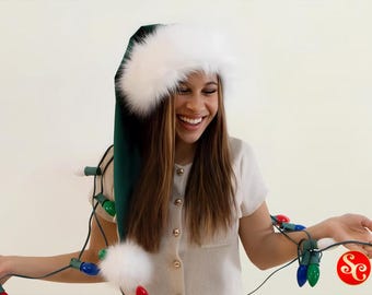 Czapka Świętego Mikołaja Elfa, świąteczna, autentyczna, tradycyjna, 35 cali długości! Rozmiary od S do XXL, klasyczna, luksusowa, z miękkiego zielonego aksamitu z białym sztucznym futerkiem niedźwiedzia polarnego