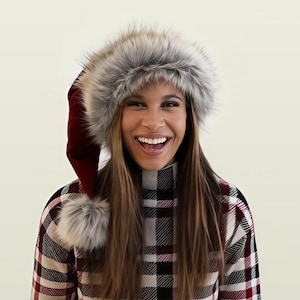 Classic Cherry Berry Burgundy Dark Red Wine Santa Hat, Christmas, S - XXL Sizes, Luxury, Buttery Soft Velvet with Glacier Wolf Faux Fur