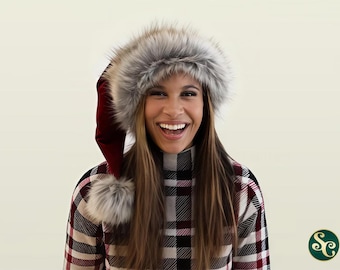 Klasyczna czapka Mikołaja w kolorze wiśniowo-jagodowym, bordowym i ciemnoczerwonym, świąteczna, rozmiary od S do XXL, luksusowa, maślana, miękka aksamitna z futrem z wilka lodowcowego