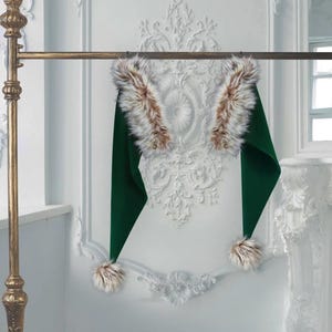 Elf Santa Hat, Christmas, Authentic & Traditional, 35" Long! S - XXL Sizes, Classic, Luxury, Soft Green Velvet with Husky Tan Faux Fur