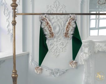 Czapka Świętego Mikołaja Elfa, świąteczna, autentyczna i tradycyjna, 35 cali długości! Rozmiary od S do XXL, klasyczna, luksusowa, miękka, zielona aksamitna z husky tan sztucznym futrem