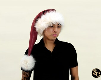 Czapka Mikołaja Hot Rod Luxe ze skóry ekologicznej z kremowym sztucznym futerkiem w kształcie niedźwiedzia polarnego, świąteczna, oryginalna i ręcznie robiona, rozmiary dla dzieci i dorosłych od XS do XXL