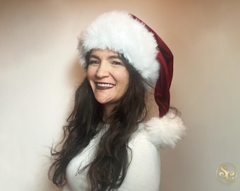 Classic Cherry Berry Burgundy Dark Red Wine Santa Hat, Christmas, S - XXL Sizes, Luxury, Buttery Soft Velvet with Arctic Fox Faux Fur