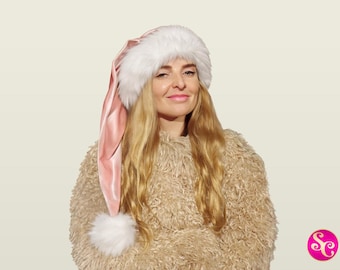 Czapka Mikołaja Barbie, świąteczna, 35 cali długości! Rozmiary od S do XXL, luksusowa, z miękkiego różowego aksamitu z białym sztucznym futerkiem niedźwiedzia polarnego