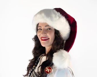 Klasyczny, wiśniowo-jagodowy, bordowy, ciemnoczerwony, winiarski kapelusz Mikołaja, Boże Narodzenie, rozmiary S - XXL, luksusowy, maślany, miękki aksamit z futrem ze sztucznego lisa arktycznego