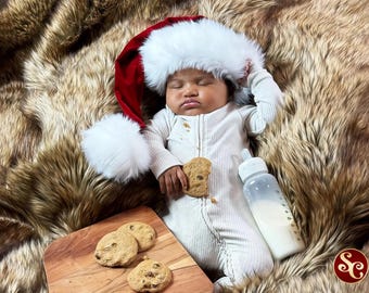 Luksusowa czapka Mikołaja dla niemowląt, klasyczna czerwień, Boże Narodzenie, rozmiary dla noworodków/niemowląt 0-12 miesięcy, maślany, miękki aksamit ze sztucznym futrem z lisa polarnego