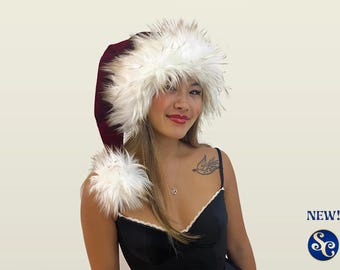 Classic Cherry Berry Burgundy Dark Red Wine Santa Hat, Christmas, S - XXL Sizes, Luxury, Buttery Soft Velvet with Red Fox Tip Faux Fur
