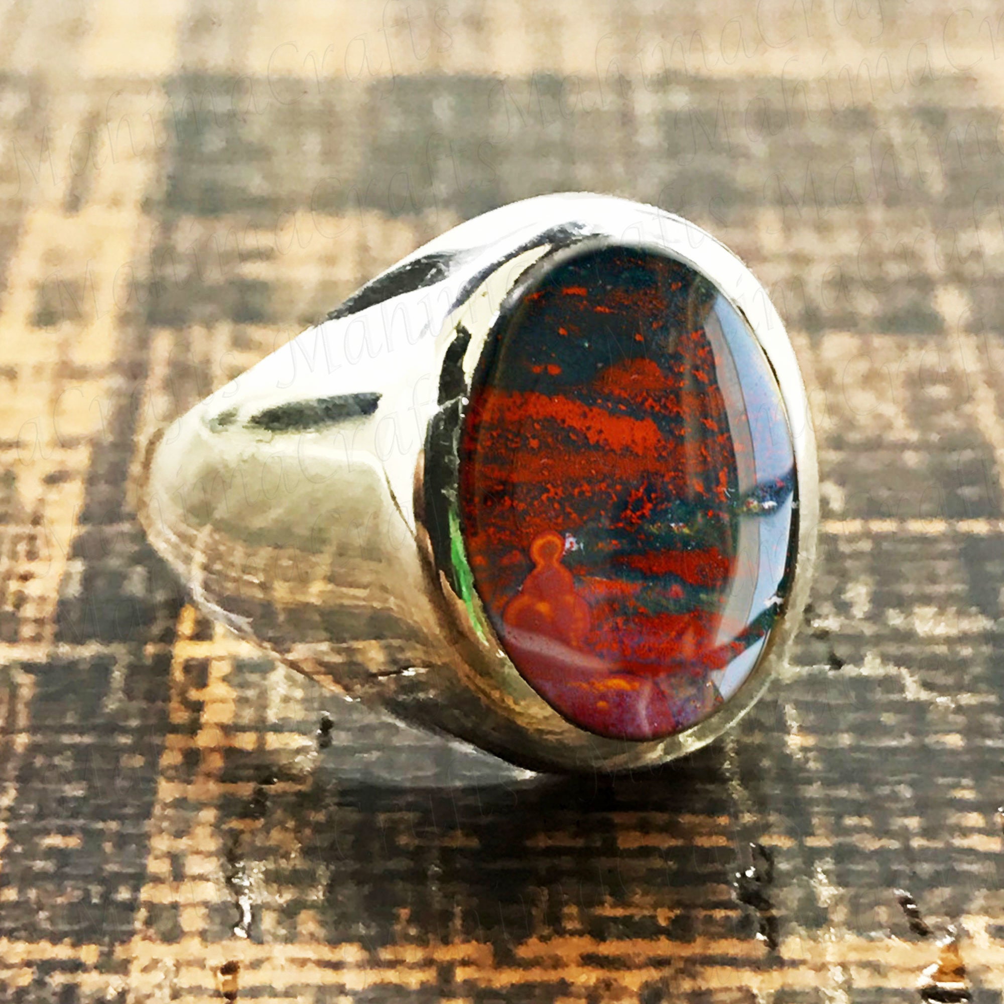 Natural Bloodstone Gemstone Ring, Solid 925 Silver Statement Ring