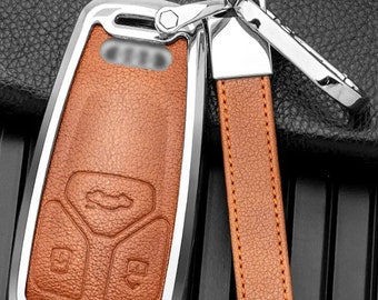 Audi Customizable Key Fob Cover with Keychain Leather and Aluminum Full Protection for A4 A5 A6 A7 A8 Q5 Q8 R8 S4 S5 S6 S7 RS4 RS5 RS6 RS7