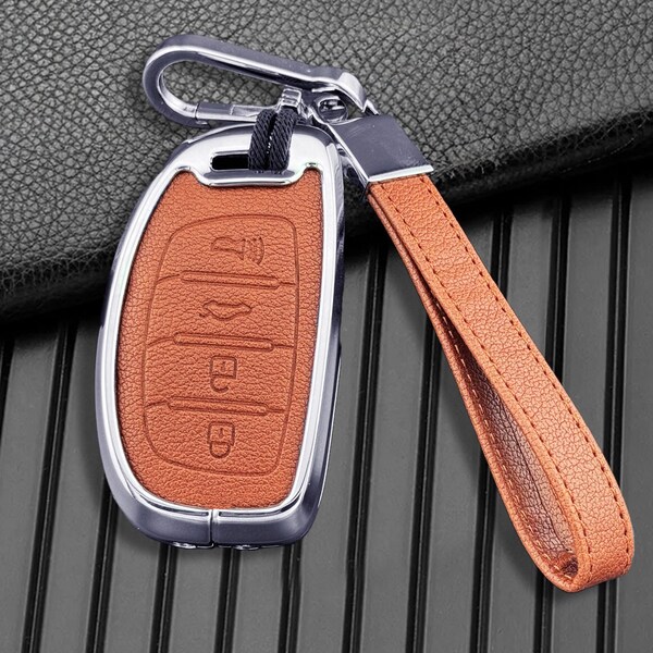 Hyundai Customizable Key Fob Cover Leather with Aluminum and keychain Compatible with Elantra Elantra GT Ioniq Sonata Tucson 4 Buttons