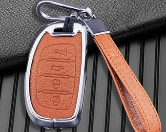 Housse en cuir personnalisable pour porte-clés Hyundai avec aluminium et porte-clés Compatible avec Elantra Elantra GT Ioniq Sonata Tucson 4 boutons