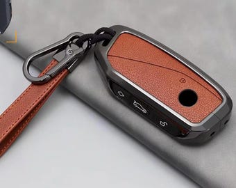 Customizable Leather Key Fob Cover with Aluminum Shell & Keychain compatible with BMW