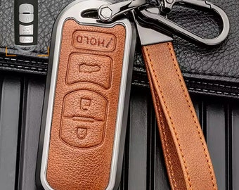 Customizable Leather and aluminum Key Fob Cover with Keychain for Mazda