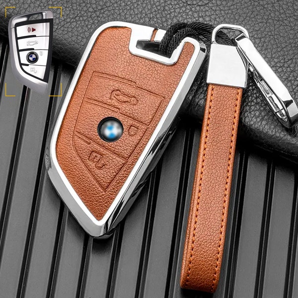 BMW Customizable Key Fob Cover Shell Leather, Alloy Full Protection with Keychain for BMW 2 5 6 7 Series X1 X2 X3 X5 X6 X7 M Series