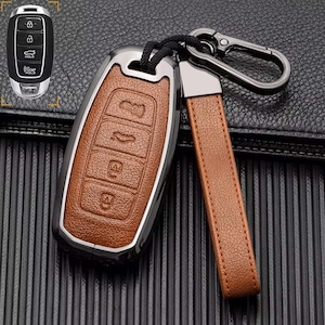 Hyundai Customizable Key Fob protector cover set made of Aluminum and Leather, with a full Keychain  (for 4-button key fob)