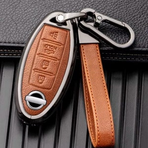 Nissan Customizable Leather & Aluminum Key Fob Cover with Keychain - (4-Button)
