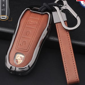 Personalisierbare Leder & Aluminium Key Fob Cover mit Schlüsselanhänger für Porsche (3-Tasten)