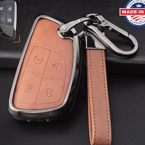 Customizable Leather & Aluminum Key Fob Cover Set with Keychain for GMC/Chevy/Buick (4-Button)