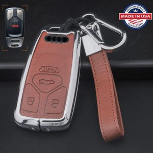 For Audi Customizable Leather Key Fob Cover with Aluminum Shell & Keychain Brown/Chrome