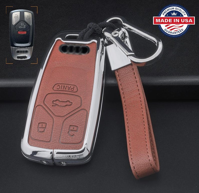 For Audi Customizable Leather Key Fob Cover with Aluminum Shell & Keychain Brown/Chrome