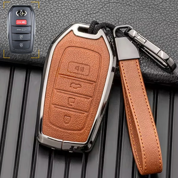 Toyota Customizable Key Fob Cover Leather with Aluminum and Keychain Key Case Protector for RAV4 Camry Corolla Avalon C-HR Prius Highlander