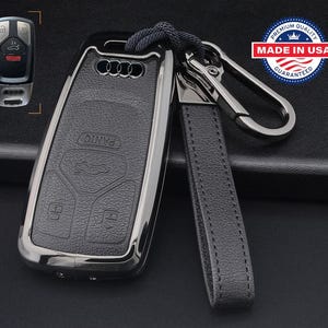 For Audi Customizable Leather Key Fob Cover with Aluminum Shell & Keychain Black/Gunmetal