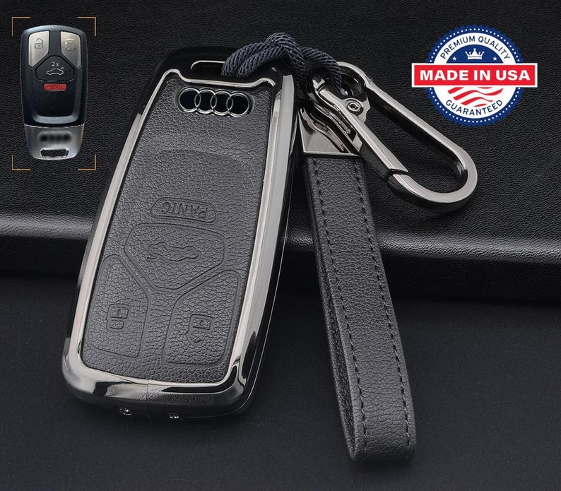 For Audi Customizable Leather Key Fob Cover with Aluminum Shell & Keychain Black/Gunmetal