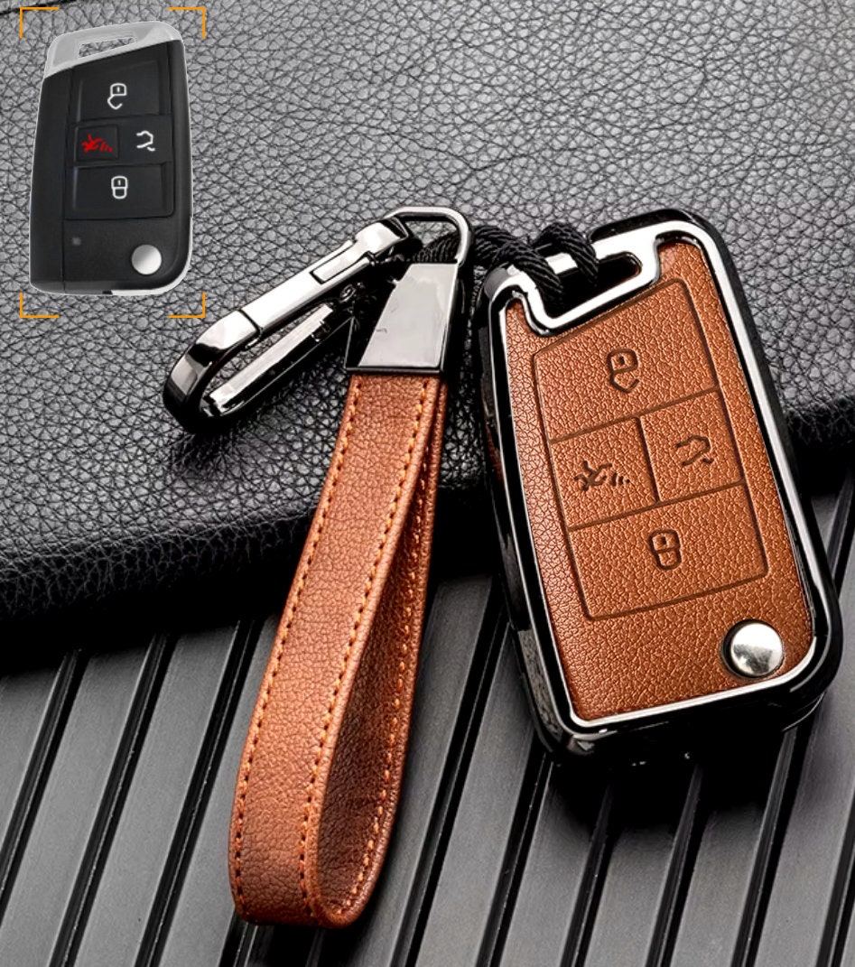 VW Volkswagen customizable Leather & Aluminum Key Fob Cover with Keychain (Flip key)