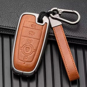Ford/Lincoln/Bronco Customizable Key Fob protector cover set made of Aluminum and Leather, with a full Keychain (for 5-button keyfob)