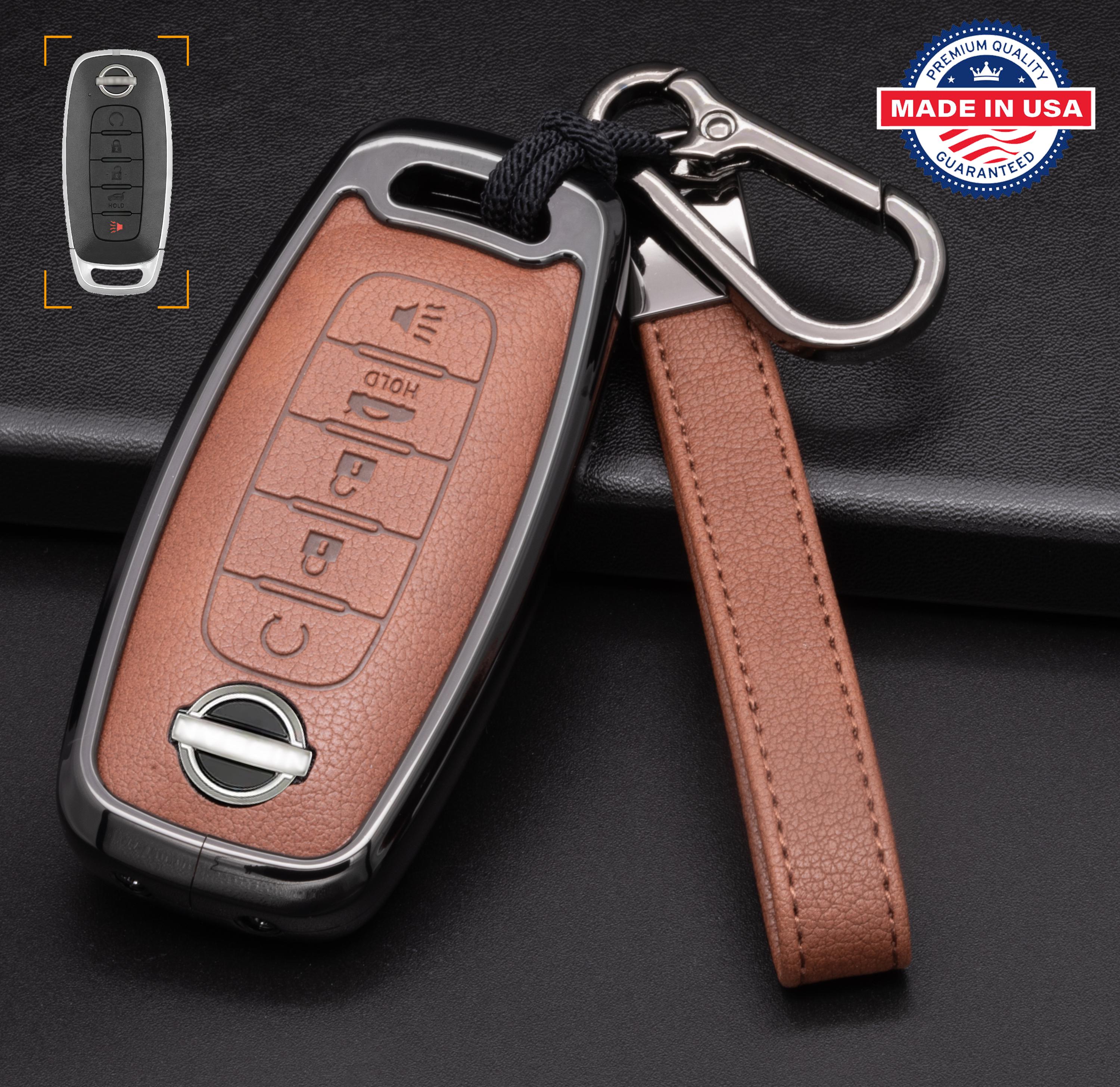 Nissan customizable Leather & Aluminum Key Fob Cover with Keychain (5-Button)