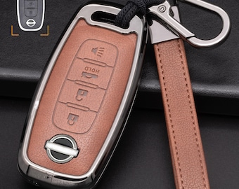 Nissan Customizable Key Fob protector cover set in Aluminum and Leather, with Keychain  (4-button)