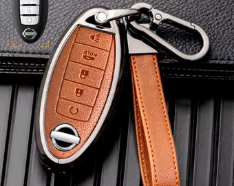 Nissan customizable Leather & Aluminum Key Fob Cover with Keychain (5-Button)