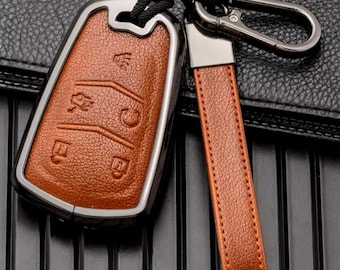 For Cadillac 5-button customizable Leather & Aluminum Key Fob Cover with Keychain