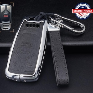 For Audi Customizable Leather Key Fob Cover with Aluminum Shell & Keychain Black/Chrome