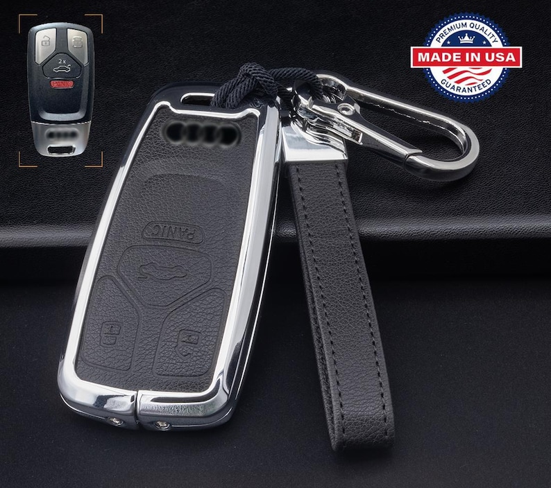 For Audi Customizable Leather Key Fob Cover with Aluminum Shell & Keychain Black/Chrome