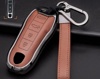 For Porsche - customizable Leather & Aluminum Key Fob Cover with Keychain (4-button) NOT all EV's