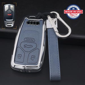 For Audi Customizable Leather Key Fob Cover with Aluminum Shell & Keychain Blue/Chrome