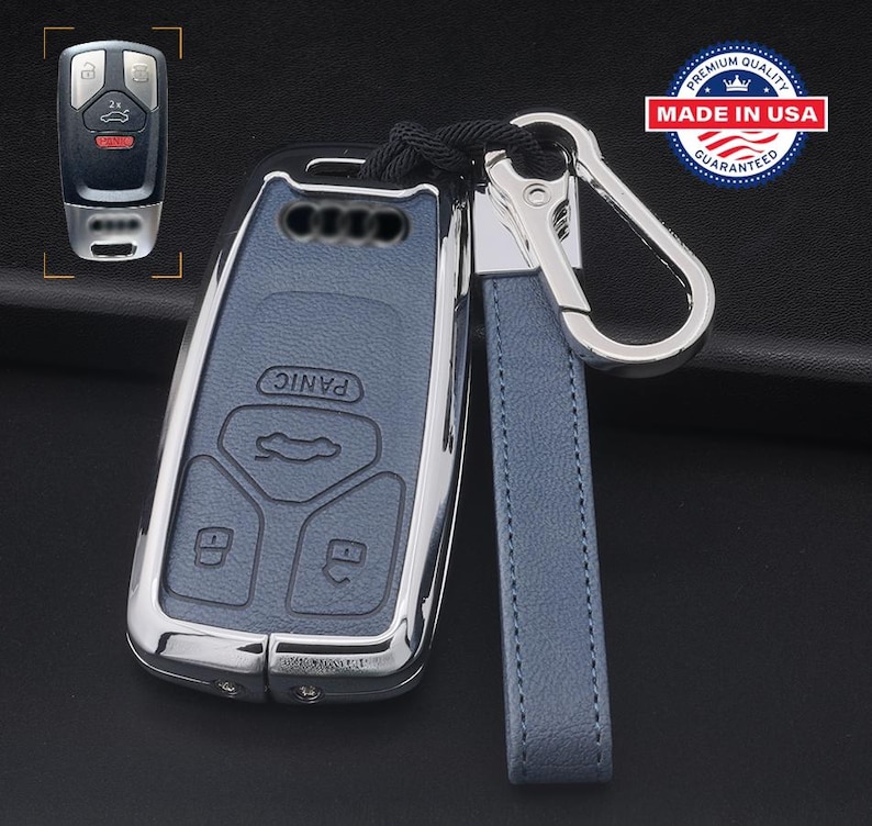 For Audi Customizable Leather Key Fob Cover with Aluminum Shell & Keychain Blue/Chrome