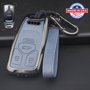 For Audi Customizable Leather Key Fob Cover with Aluminum Shell & Keychain Blue/Gunmetal