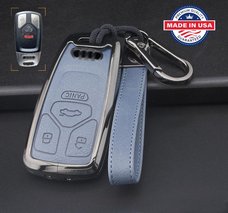 For Audi Customizable Leather Key Fob Cover with Aluminum Shell & Keychain Blue/Gunmetal